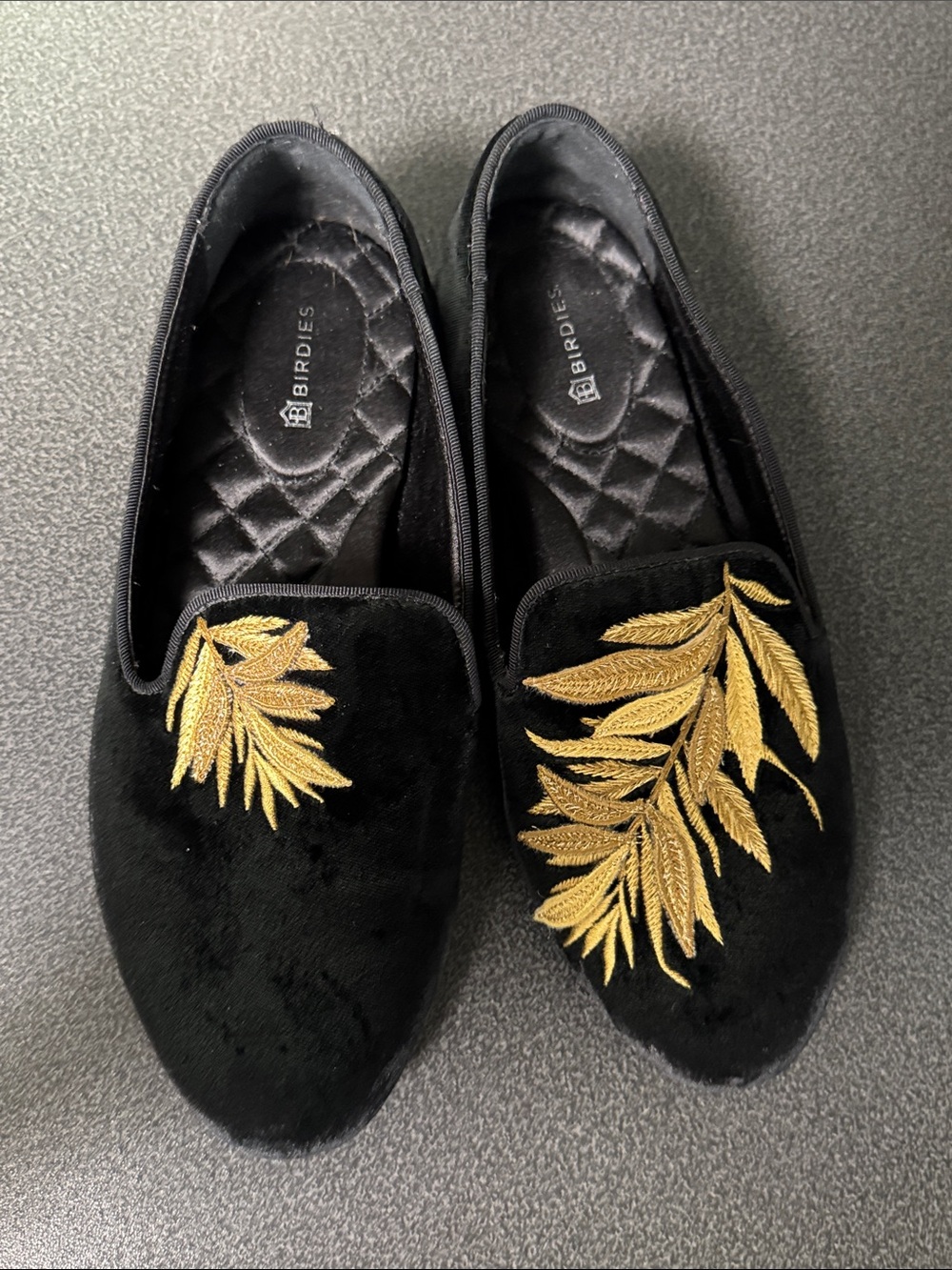 Birdies The Starling flats in black velvet with gold fern embroidery